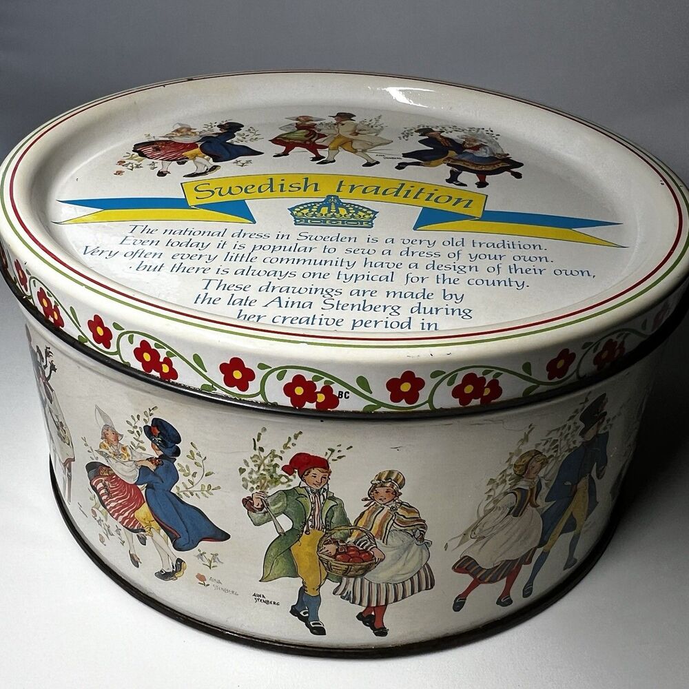 Vintage Swedish Tradition Metal Cookie Tin Aina Stenberg Folk Costumes Sweden